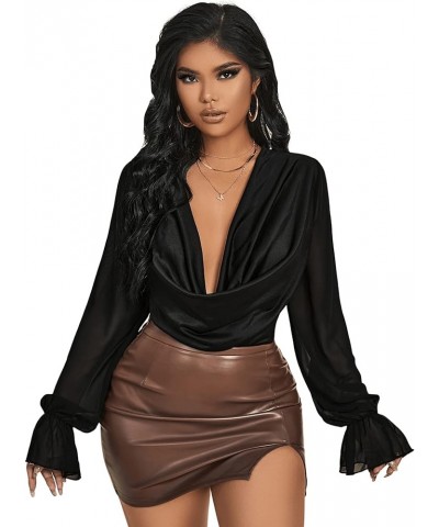 Women's Deep V Neck Long Sleeve Draped Front Sheer Blouse Leotard Bodysuit Jumpsuit Party Outfits Black $8.84 Bodysuits