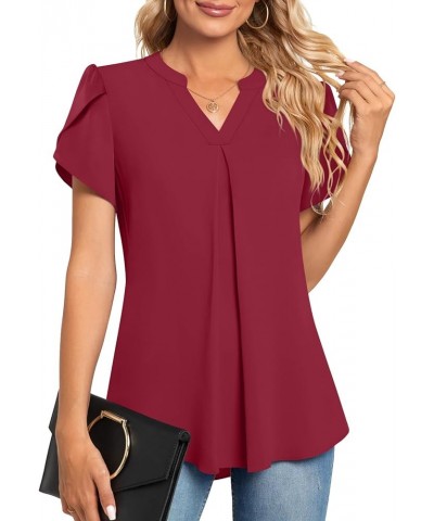 Women's Summer Dressy Chiffon Blouse Notch V Neck Petal Sleeve Tops Loose Casual Cute Shirts for Work Short-wine Red $11.00 B...