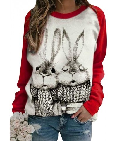 Womens Easter Bunny Sweatshirt Casual Cute Rabbit Tops Oversized Long Sleeve Shirt Two Bunnies Red $16.19 Hoodies & Sweatshirts