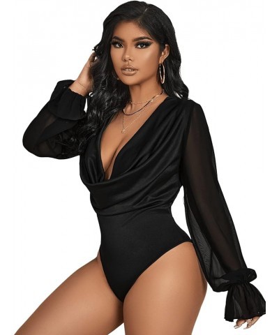 Women's Deep V Neck Long Sleeve Draped Front Sheer Blouse Leotard Bodysuit Jumpsuit Party Outfits Black $8.84 Bodysuits