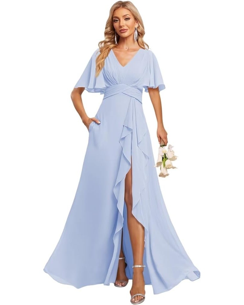 Women's V Neck Flutter Sleeve Bridesmaid Dresses with Pockets A Line Long Formal Party Dress with Slit DI89 Lavender $31.60 D...