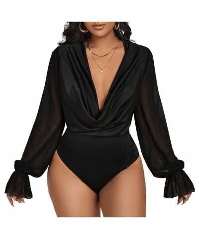 Women's Deep V Neck Long Sleeve Draped Front Sheer Blouse Leotard Bodysuit Jumpsuit Party Outfits Black $8.84 Bodysuits