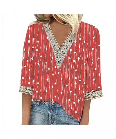 Womens Summer Tops 3/4 Length Sleeves V Neck Shirts Lace Crochet Print Tunic Tops Flowy Casual Blouses 01-red $9.34 Tops