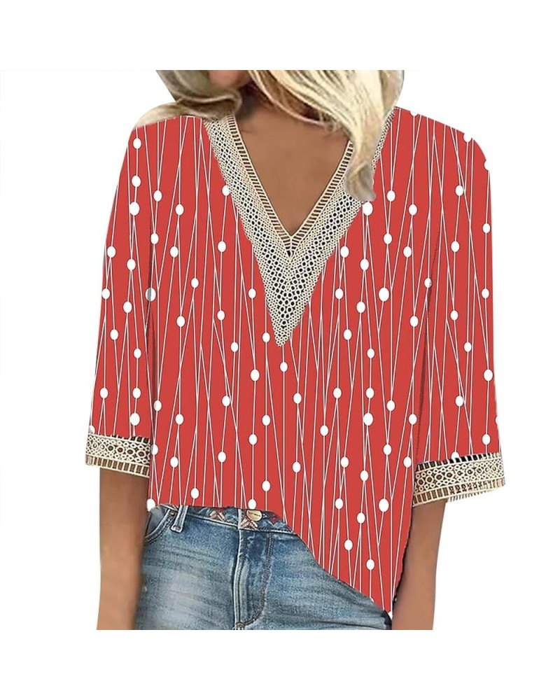 Womens Summer Tops 3/4 Length Sleeves V Neck Shirts Lace Crochet Print Tunic Tops Flowy Casual Blouses 01-red $9.34 Tops