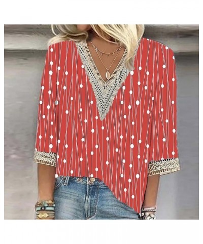 Womens Summer Tops 3/4 Length Sleeves V Neck Shirts Lace Crochet Print Tunic Tops Flowy Casual Blouses 01-red $9.34 Tops