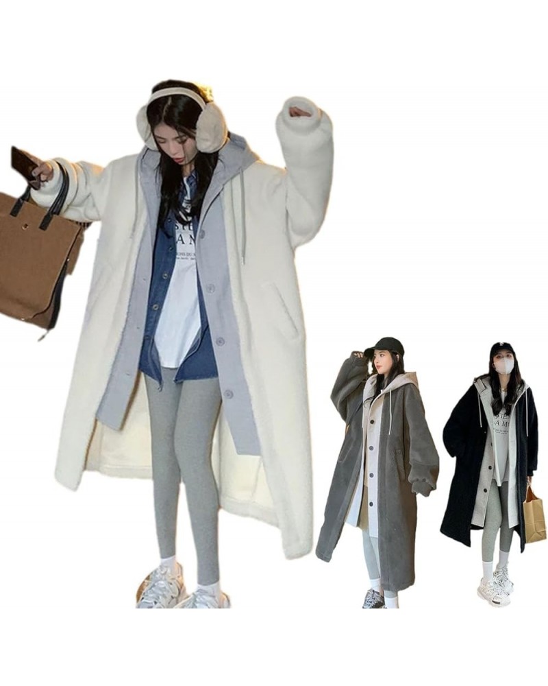 2023 New 2-Layered Faux Lambswool Hooded Coat Jacket, Winter Women Long Hooded Dress Fleece Button Outwear White $31.50 Coats