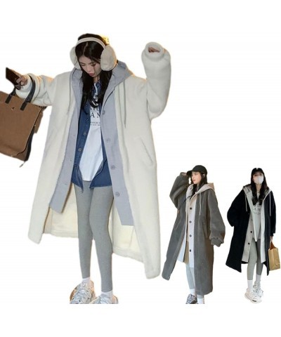 2023 New 2-Layered Faux Lambswool Hooded Coat Jacket, Winter Women Long Hooded Dress Fleece Button Outwear White $31.50 Coats