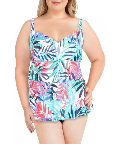 Womens Plus Botanical Tummy Control One-Piece Swimsuit Navy Blue $28.20 Swimsuits