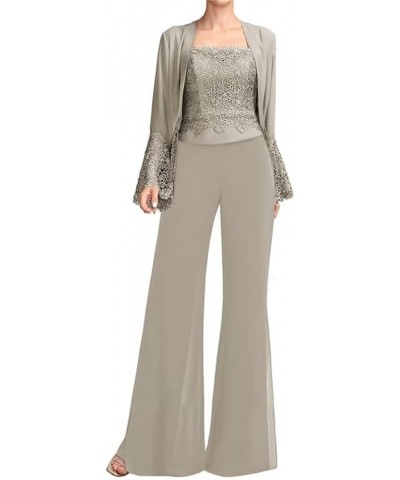 3 Piece Mother of The Bride Pant Suits with Jacket Lace Long Sleeve Cocktail Pantsuits for Women Evening Party Gown Taupe $35...