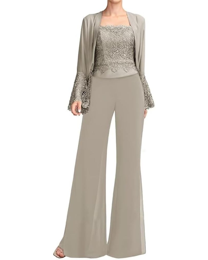 3 Piece Mother of The Bride Pant Suits with Jacket Lace Long Sleeve Cocktail Pantsuits for Women Evening Party Gown Taupe $35...