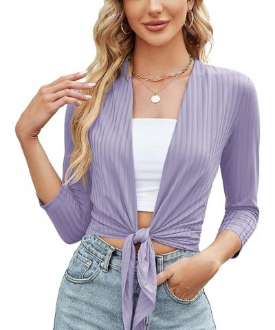 Women's Tie Front Shrug Casual 3/4 Sleeve Bolero Cardigan Lightweight Summer Short Shawl Top Lavender Purple $11.19 Sweaters