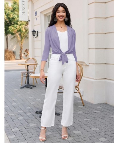 Women's Tie Front Shrug Casual 3/4 Sleeve Bolero Cardigan Lightweight Summer Short Shawl Top Lavender Purple $11.19 Sweaters