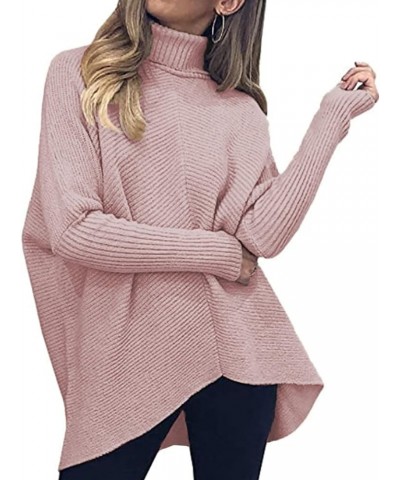 Womens Long Sleeve Turtleneck Sweaters Oversized Knit Loose Asymmetrical Hem Pullover Tunic Tops Pink $24.29 Sweaters