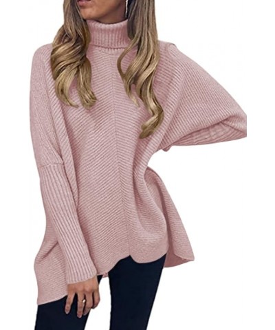 Womens Long Sleeve Turtleneck Sweaters Oversized Knit Loose Asymmetrical Hem Pullover Tunic Tops Pink $24.29 Sweaters