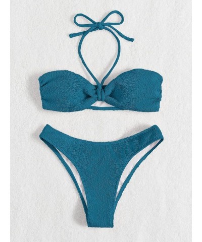 Women's Cut Out Ring Bandeau Bikini Set 2 Piece Strapless Swimsuits Teal Blue $14.70 Swimsuits