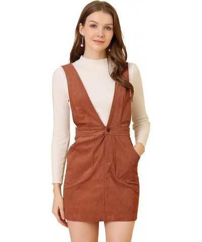 Women's Corduroy Overall V Neck Strap Mini Pinafore Dress Brick Red $20.89 Overalls