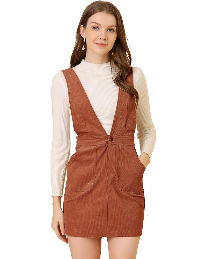 Women's Corduroy Overall V Neck Strap Mini Pinafore Dress Brick Red $20.89 Overalls