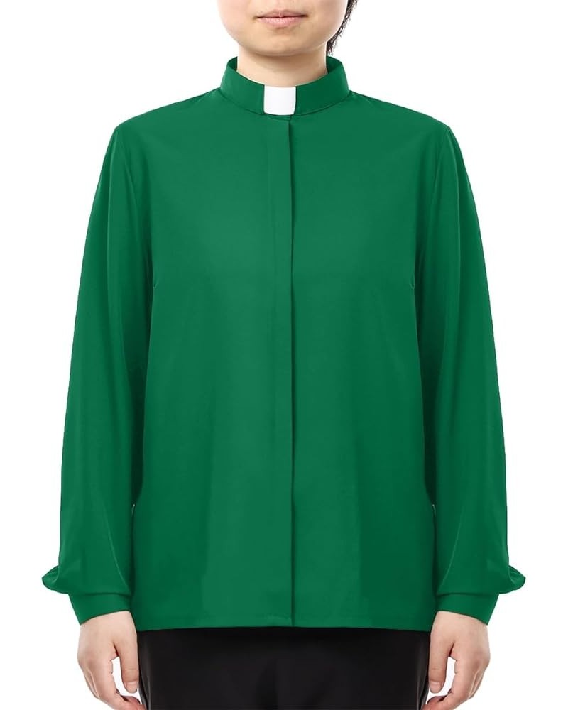 Women's Clergy Shirt Tab Collar Long Sleeve Regular Fit Cotton Blended Stretch Blouse Green $13.53 Blouses