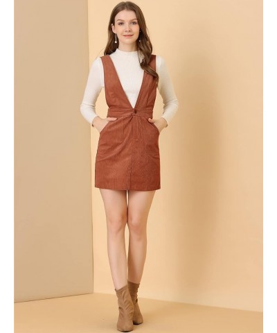 Women's Corduroy Overall V Neck Strap Mini Pinafore Dress Brick Red $20.89 Overalls