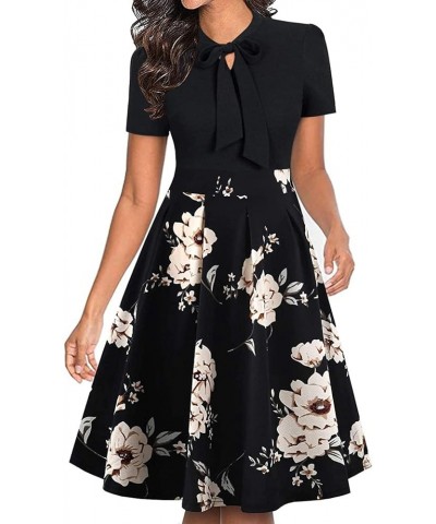 Women's Summer Vintage Bow Tie Pockets Swing Casual Work Party Dress K208 Dx Black Floral 02 $21.05 Dresses