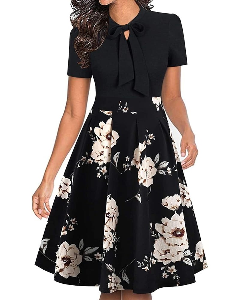 Women's Summer Vintage Bow Tie Pockets Swing Casual Work Party Dress K208 Dx Black Floral 02 $21.05 Dresses