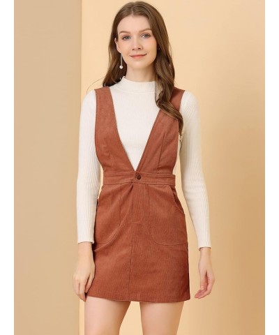 Women's Corduroy Overall V Neck Strap Mini Pinafore Dress Brick Red $20.89 Overalls