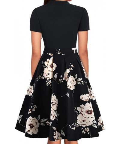 Women's Summer Vintage Bow Tie Pockets Swing Casual Work Party Dress K208 Dx Black Floral 02 $21.05 Dresses