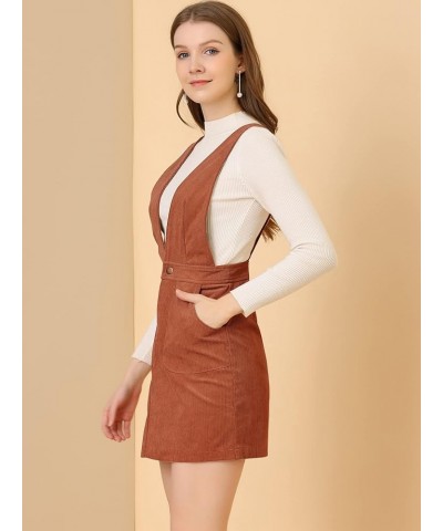 Women's Corduroy Overall V Neck Strap Mini Pinafore Dress Brick Red $20.89 Overalls