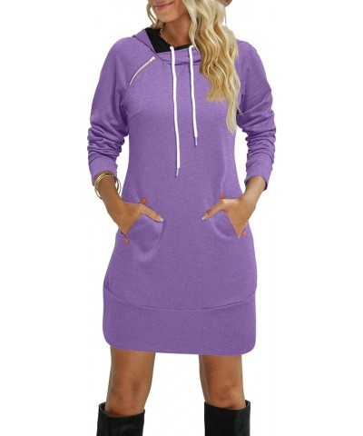 Women's Long Sleeve Casual Slim Mini Pullover Sweatshirt Hoodie Dress with Pocket 2023 Fall Fashion Purple $19.73 Hoodies & S...