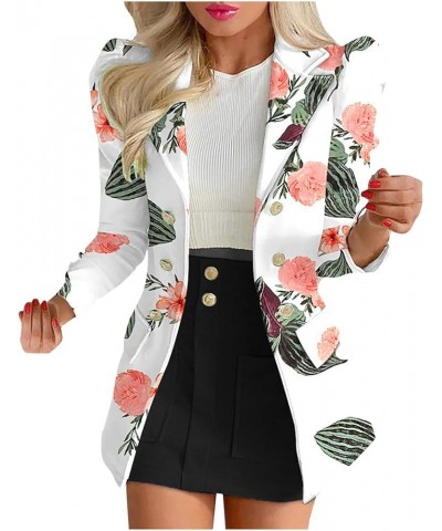 Women Suit Coat Fashion Puff Long Sleeve Print Pocket Business Casual Blazer Skirt Suit Shawl Collar Tunic Jacket New B-white...