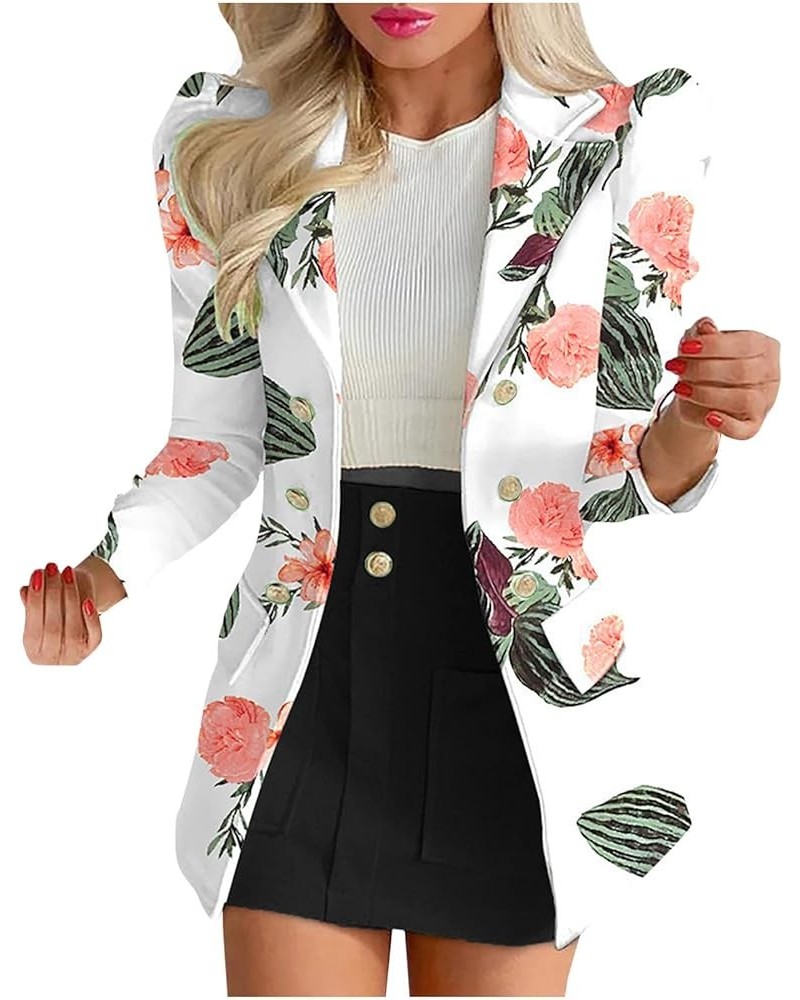 Women Suit Coat Fashion Puff Long Sleeve Print Pocket Business Casual Blazer Skirt Suit Shawl Collar Tunic Jacket New B-white...