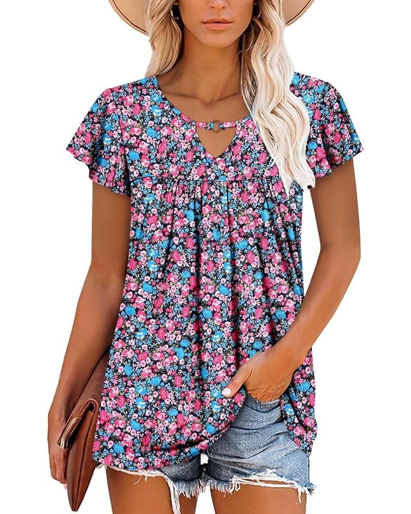 Womens T Shirt Loose Fit Short Sleeve Shirts Floral Summer Tunic Top B Pinkblue $15.36 Tops