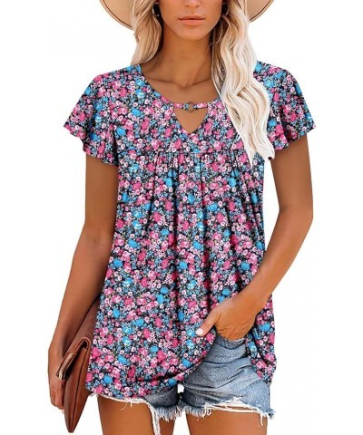 Womens T Shirt Loose Fit Short Sleeve Shirts Floral Summer Tunic Top B Pinkblue $15.36 Tops