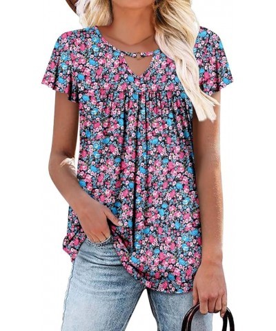 Womens T Shirt Loose Fit Short Sleeve Shirts Floral Summer Tunic Top B Pinkblue $15.36 Tops