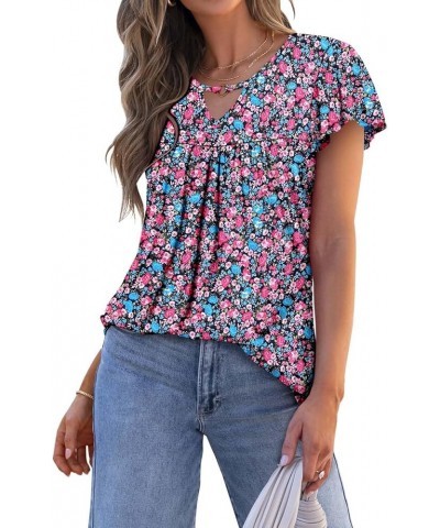 Womens T Shirt Loose Fit Short Sleeve Shirts Floral Summer Tunic Top B Pinkblue $15.36 Tops