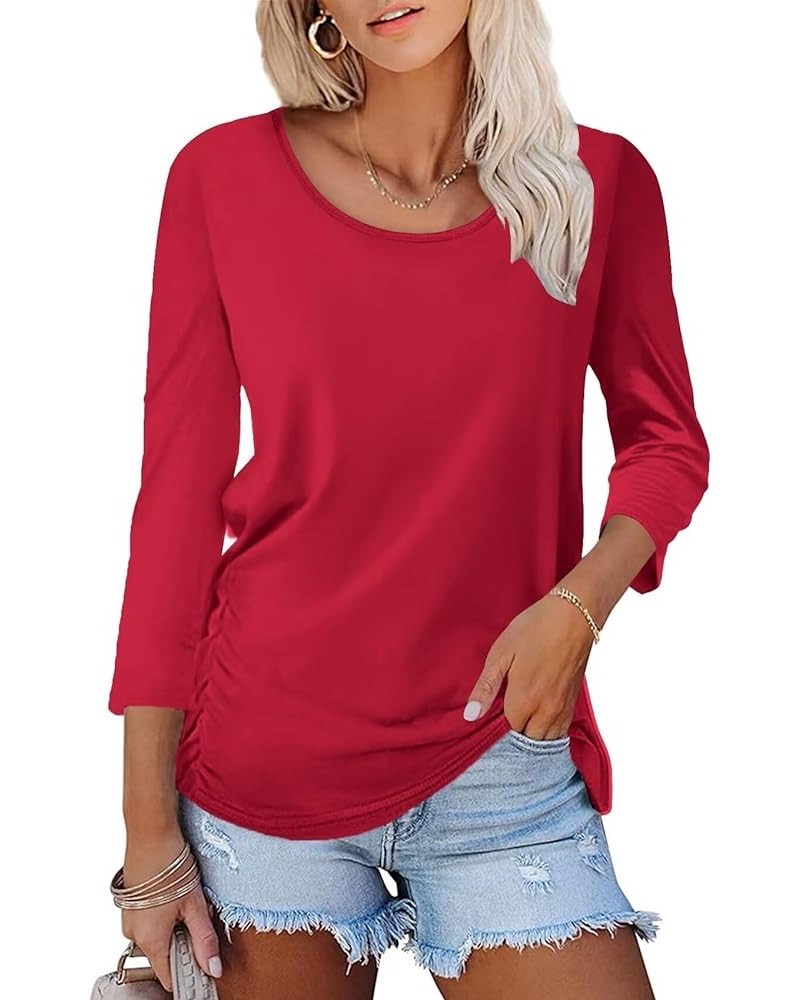 Women's Boat Neck 3/4 Sleeve Draped Dolman Tops with Side Shirring Loose Fit Shirts Casual Tees A Red $10.74 T-Shirts