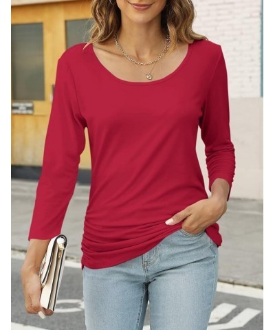 Women's Boat Neck 3/4 Sleeve Draped Dolman Tops with Side Shirring Loose Fit Shirts Casual Tees A Red $10.74 T-Shirts