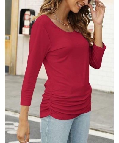 Women's Boat Neck 3/4 Sleeve Draped Dolman Tops with Side Shirring Loose Fit Shirts Casual Tees A Red $10.74 T-Shirts