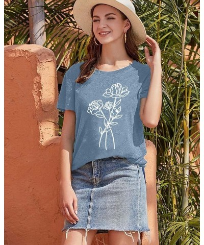 Floral T Shirts for Women Cute Vintage Nature Graphic Tees Summer Flower Shirt Short Sleeve Casual Loose Fit Tops Ink Blue $1...