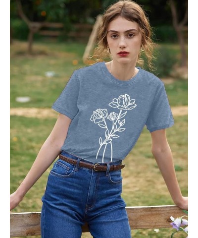 Floral T Shirts for Women Cute Vintage Nature Graphic Tees Summer Flower Shirt Short Sleeve Casual Loose Fit Tops Ink Blue $1...