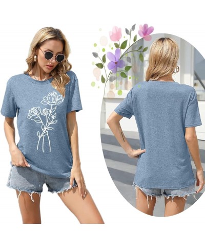 Floral T Shirts for Women Cute Vintage Nature Graphic Tees Summer Flower Shirt Short Sleeve Casual Loose Fit Tops Ink Blue $1...