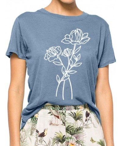 Floral T Shirts for Women Cute Vintage Nature Graphic Tees Summer Flower Shirt Short Sleeve Casual Loose Fit Tops Ink Blue $1...