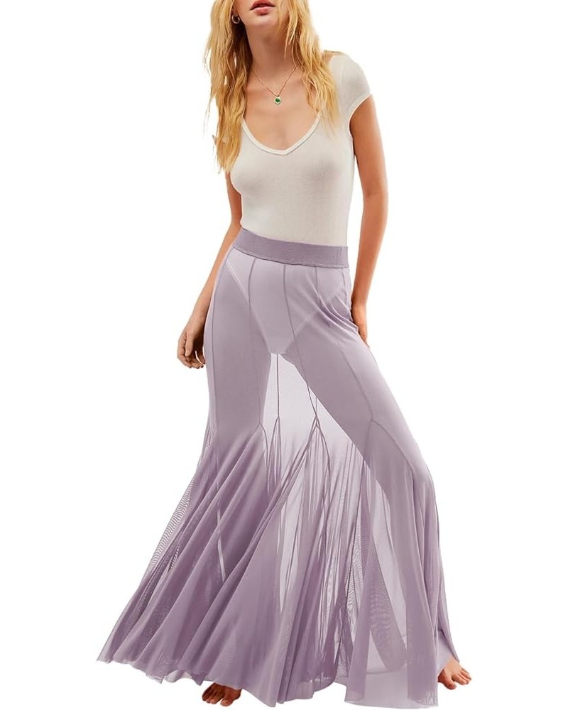 Womens Summer Maxi Skirt Mesh High Waisted Sheer Beach Swimsuit Cover Up Flowy Long Tulle Skirts Purple $12.71 Swimsuits