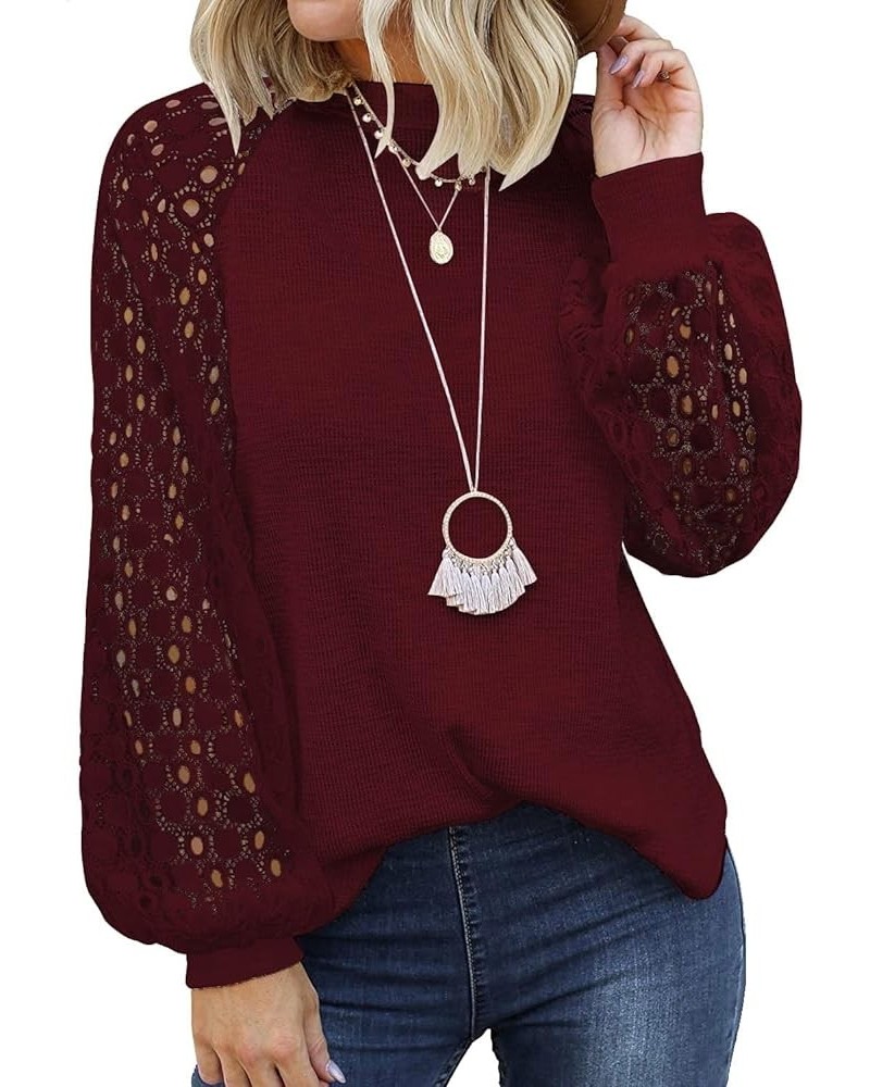 Women's Spring Trendy Long Sleeve Going Out Tops Lace Casual Loose Blouses Basic Cute T Shirts Wine Red $14.99 Blouses