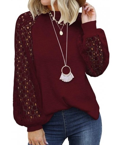 Women's Spring Trendy Long Sleeve Going Out Tops Lace Casual Loose Blouses Basic Cute T Shirts Wine Red $14.99 Blouses