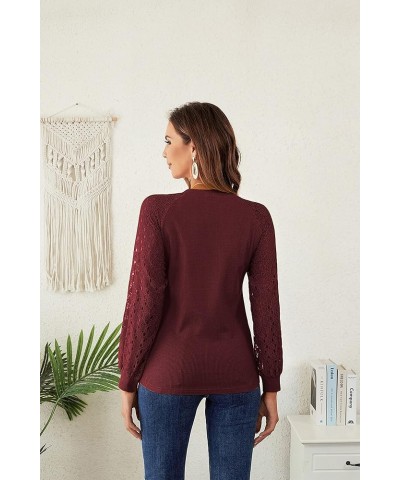 Women's Spring Trendy Long Sleeve Going Out Tops Lace Casual Loose Blouses Basic Cute T Shirts Wine Red $14.99 Blouses