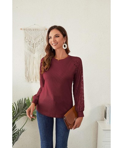 Women's Spring Trendy Long Sleeve Going Out Tops Lace Casual Loose Blouses Basic Cute T Shirts Wine Red $14.99 Blouses