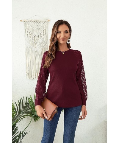 Women's Spring Trendy Long Sleeve Going Out Tops Lace Casual Loose Blouses Basic Cute T Shirts Wine Red $14.99 Blouses