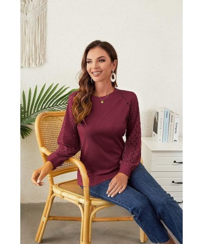 Women's Spring Trendy Long Sleeve Going Out Tops Lace Casual Loose Blouses Basic Cute T Shirts Wine Red $14.99 Blouses