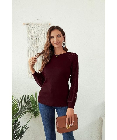 Women's Spring Trendy Long Sleeve Going Out Tops Lace Casual Loose Blouses Basic Cute T Shirts Wine Red $14.99 Blouses